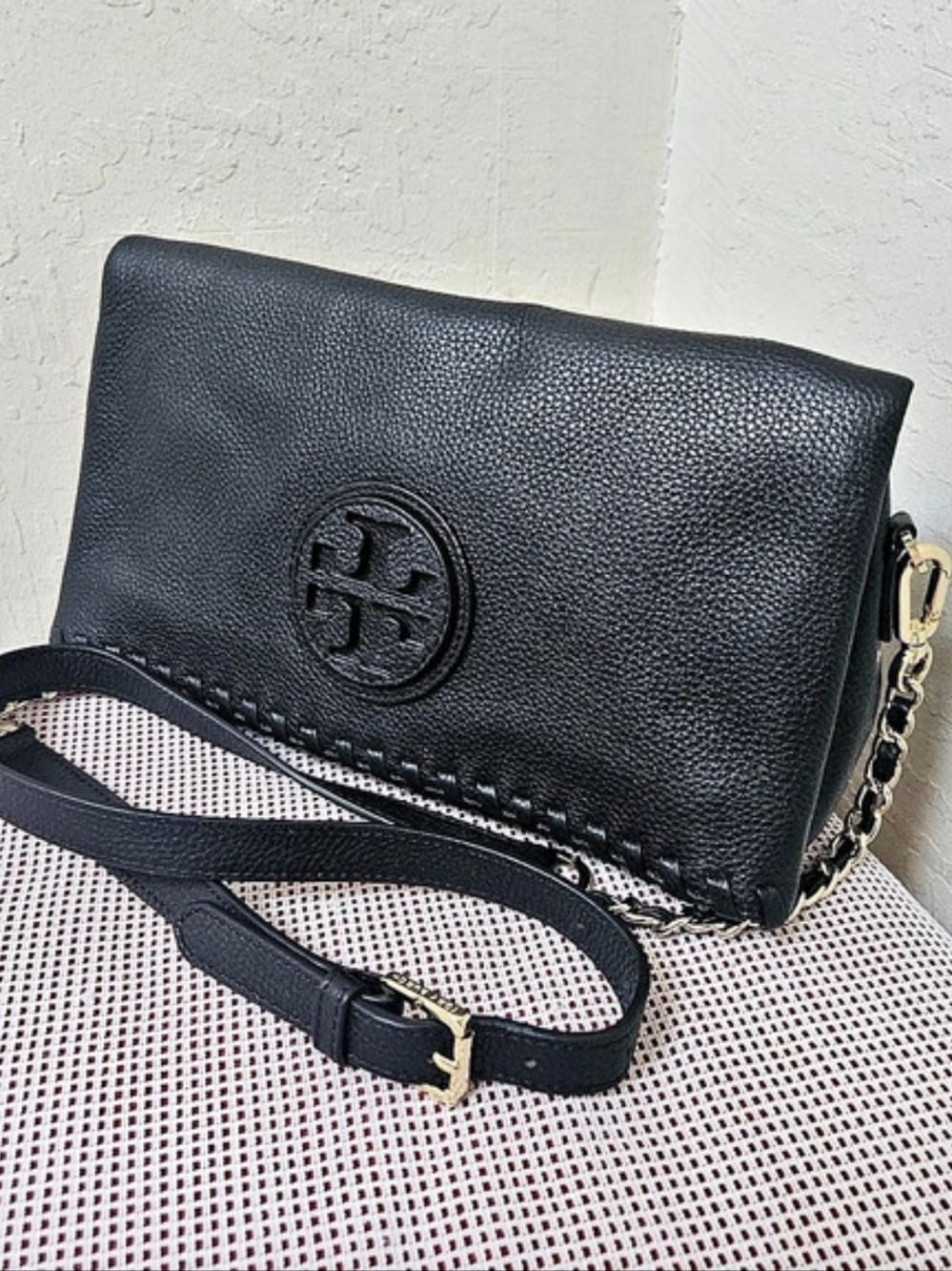 Tory Burch Black Leather Medium Fold Over Shoulder Bag